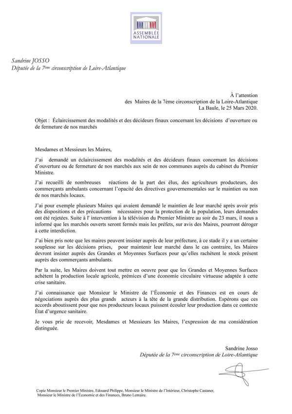 Marchés : la députée Sandrine Josso écrit aux maires de la circonscription #covid19