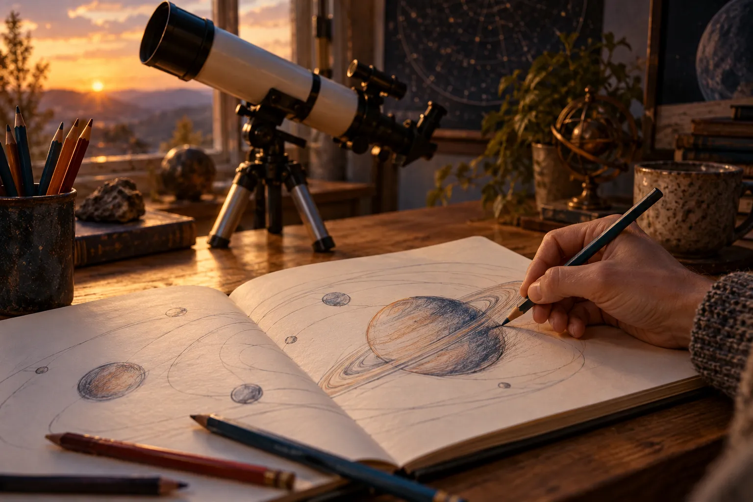 Un télescope à côté d’un carnet de dessin où une main trace des formes orbitales.