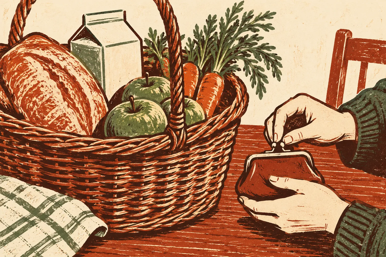 Illustration dessinée d’un panier de produits du quotidien et d’un porte-monnaie, sans prix affichés.