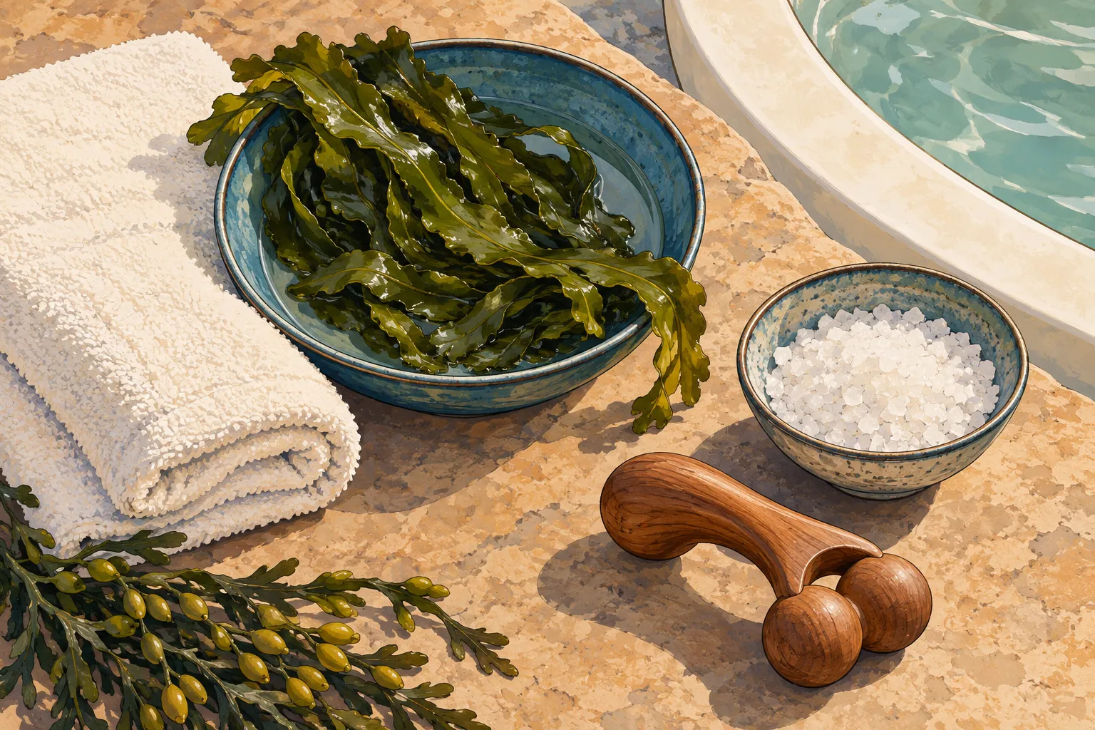 Illustration d’accessoires de soins marins, avec serviette, algues et sel dans des coupelles.