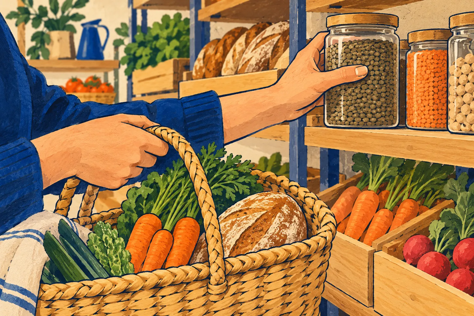 Dessin de deux mains choisissant des produits alimentaires dans une petite épicerie, avec un panier au premier plan et sans prix affichés.