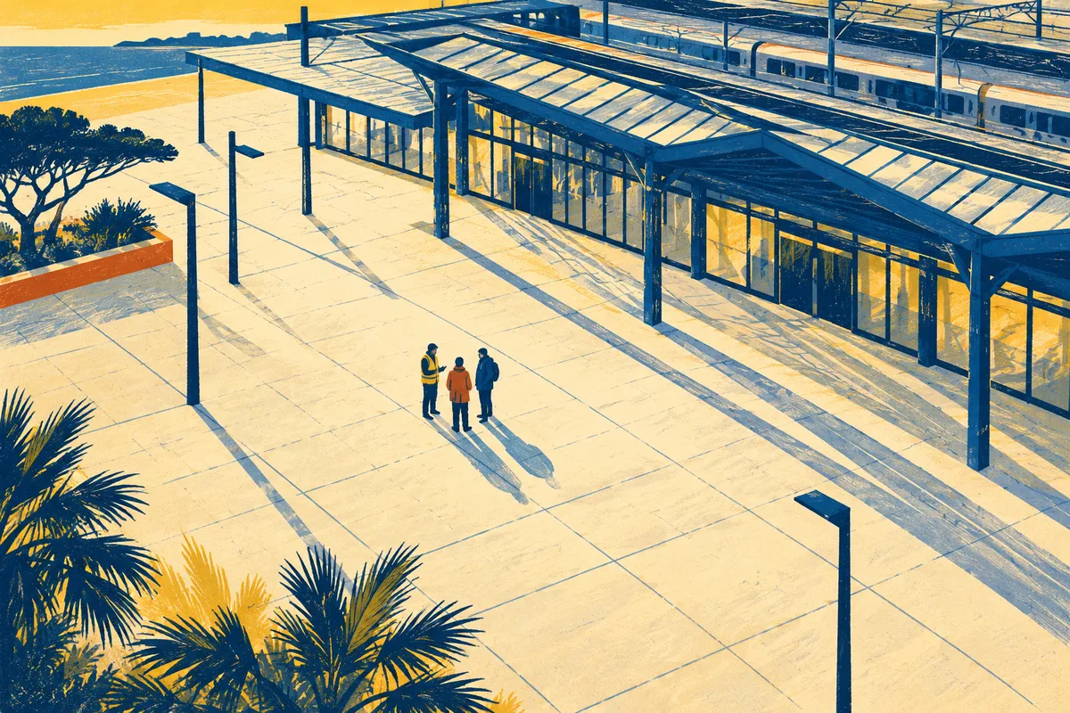 Illustration dessinée d’un très petit groupe de trois personnes sur une grande place de gare presque vide.