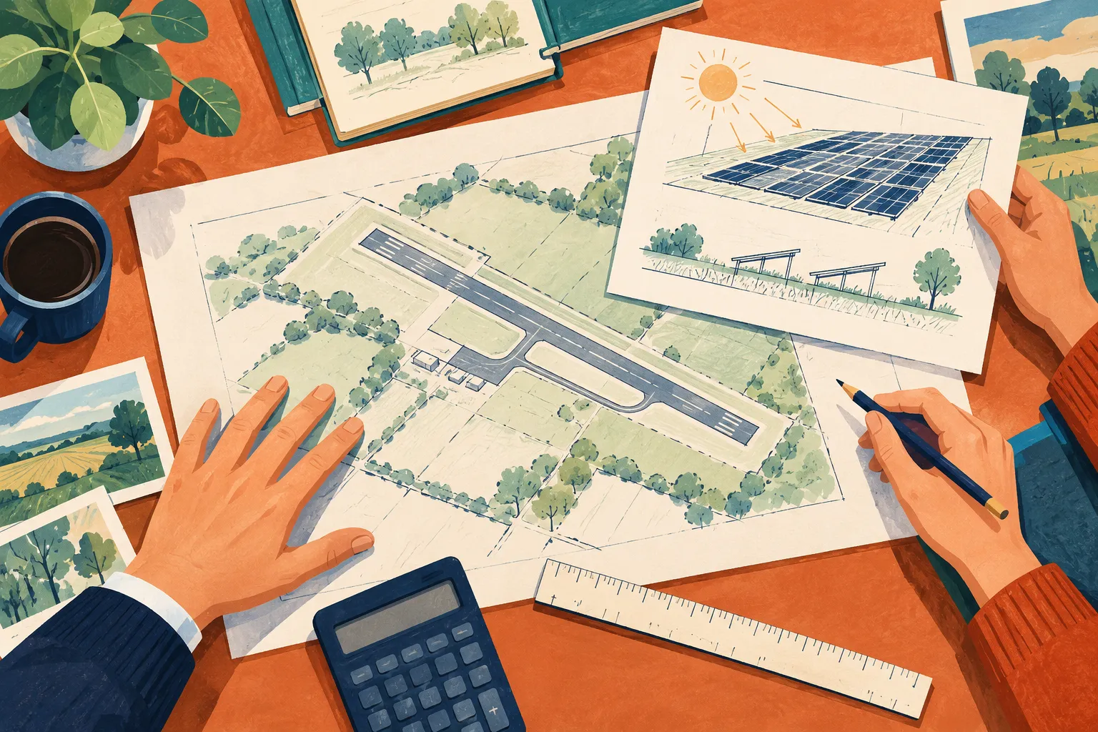 Illustration d’un travail de préparation autour de plans d’aérodrome et d’un schéma de panneau solaire.