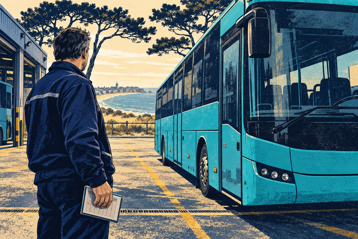 Illustration éditoriale d’un conducteur et d’un bus à l’arrêt dans un dépôt.