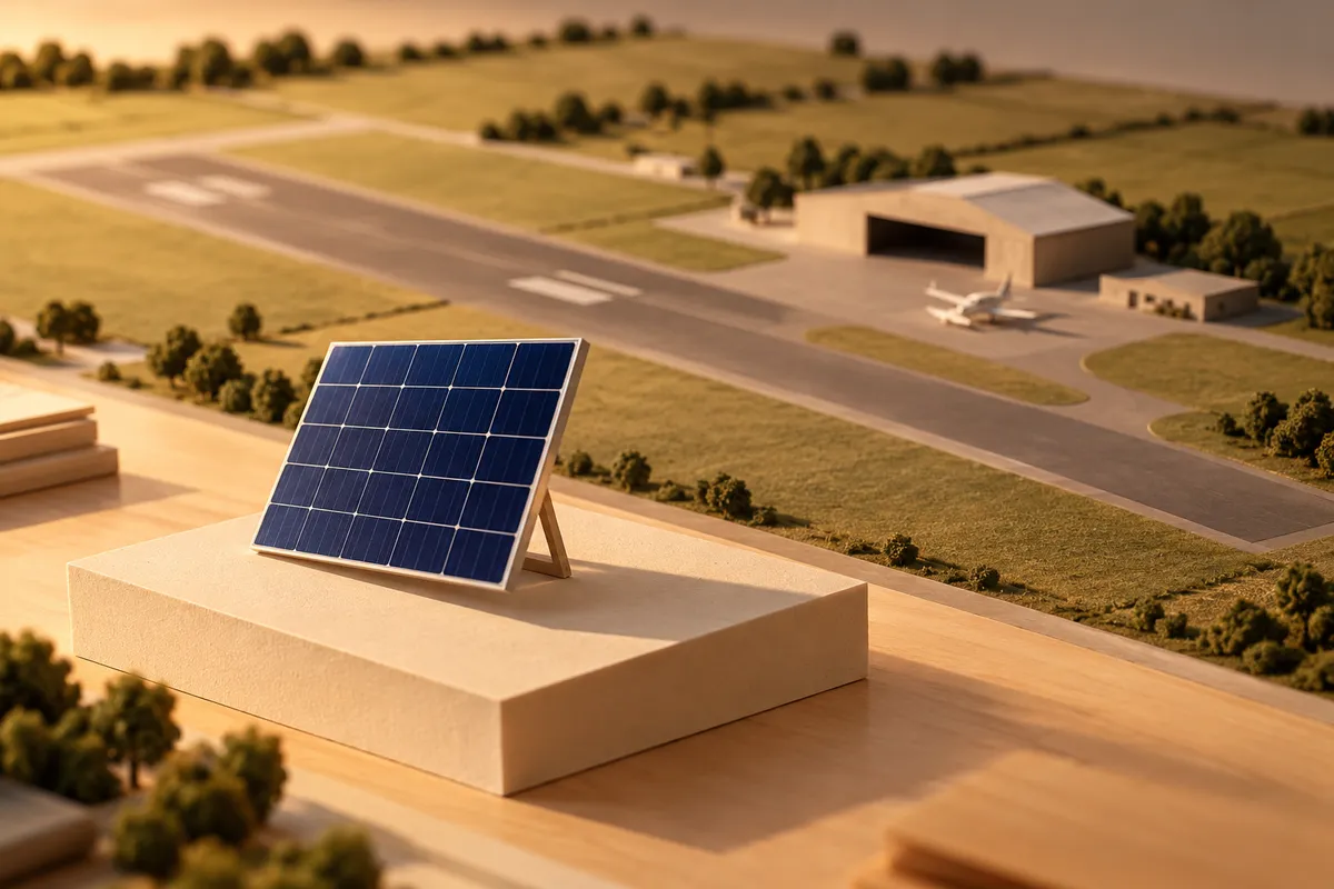 Vue conceptuelle d’une maquette d’aérodrome avec un panneau solaire miniature présenté séparément.
