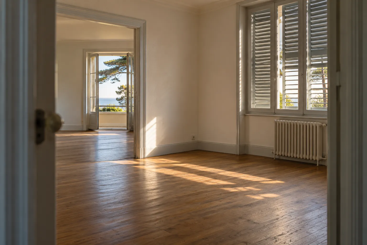 Illustration d’une pièce non meublée, vide et habitable, éclairée à travers des volets entrouverts