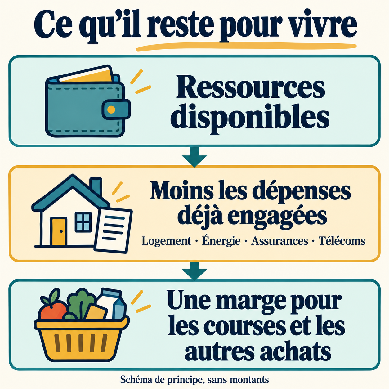 Schéma du budget : ressources disponibles, moins les dépenses déjà engagées, puis une marge pour les courses et les autres achats.