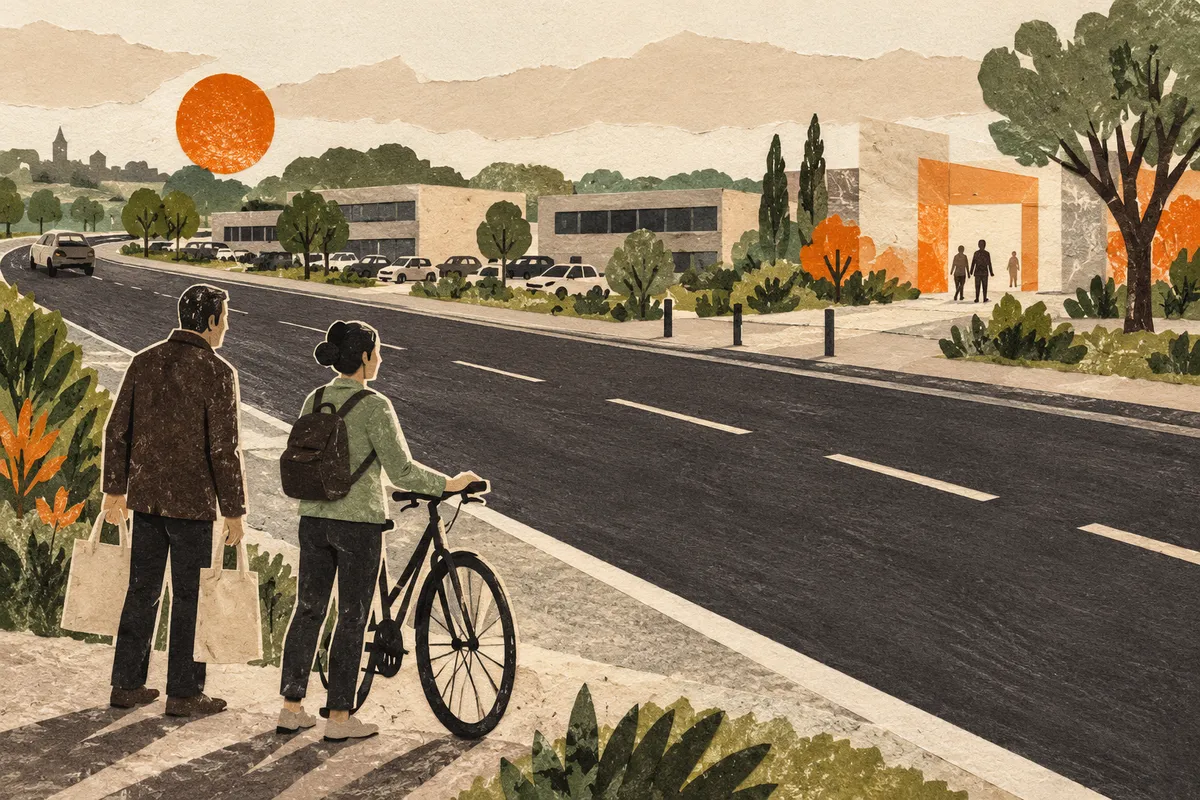 Illustration éditoriale des accès routiers et des mobilités vers un pôle de services