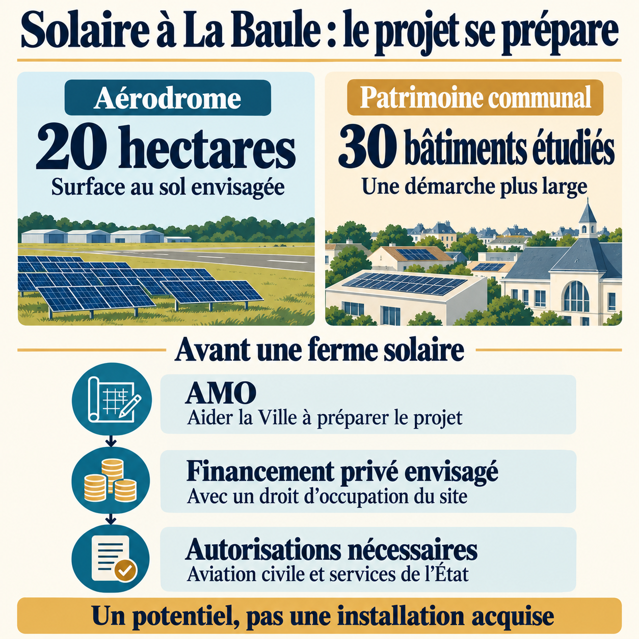 Projet solaire à La Baule : 20 hectares envisagés à l’aérodrome, 30 bâtiments communaux étudiés par ailleurs, et préparation, financement et autorisations à distinguer.