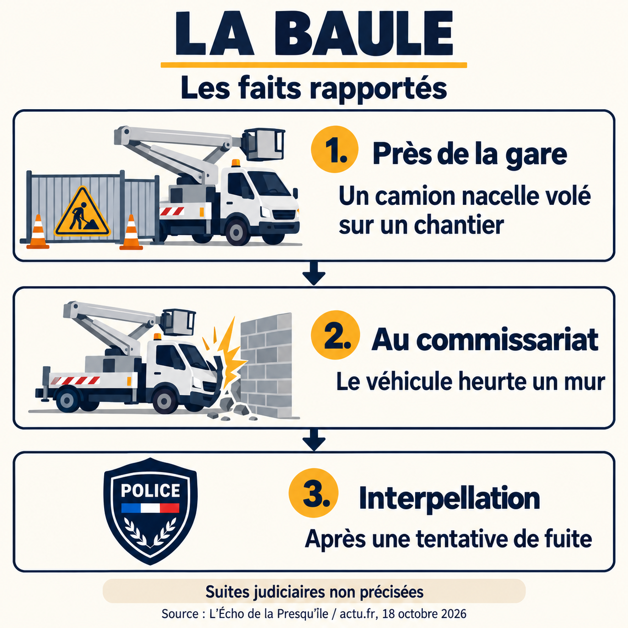 Séquence rapportée : vol sur un chantier près de la gare, collision avec un mur du commissariat, puis interpellation après une tentative de fuite