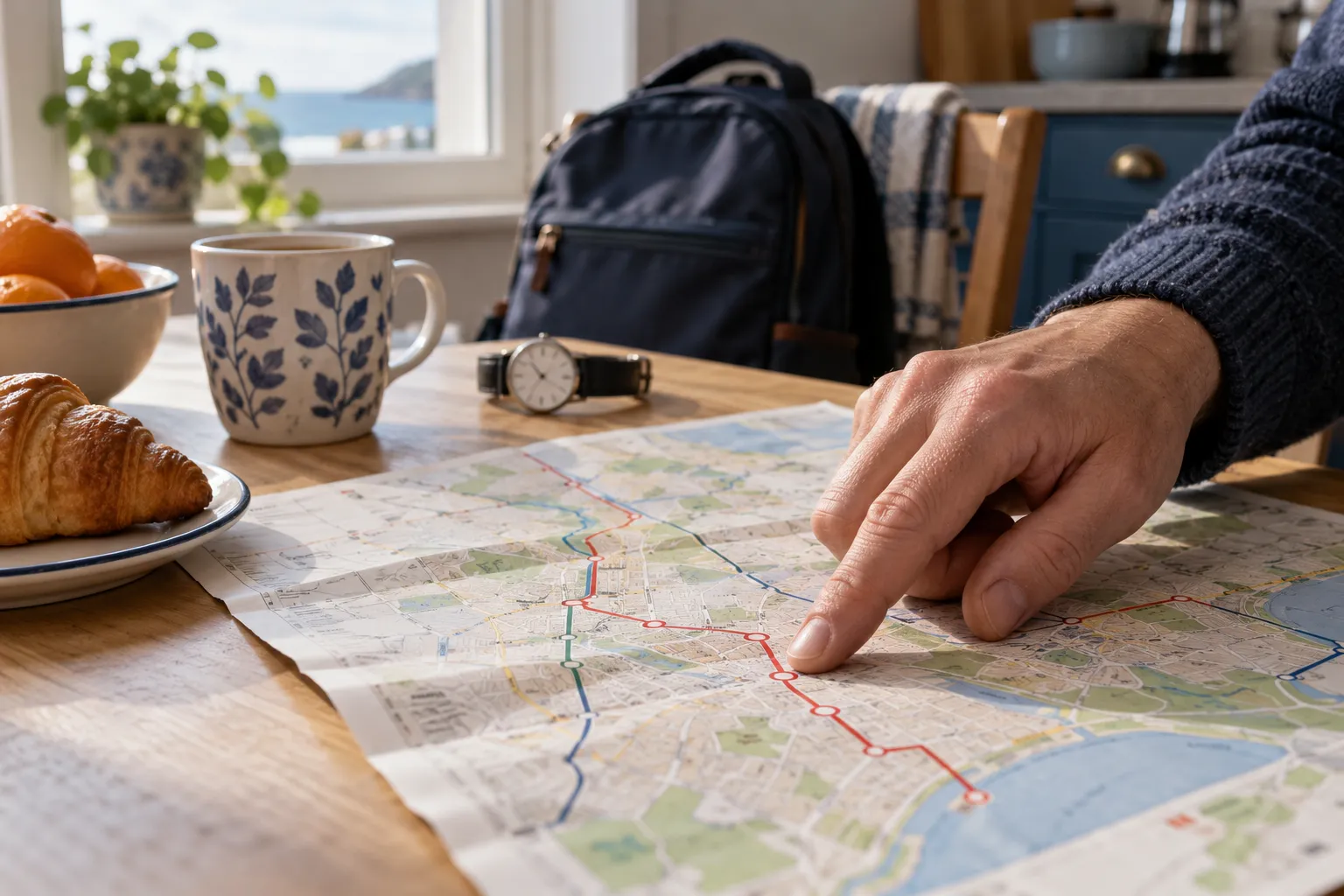 Une main suit un itinéraire sur une carte, à côté d’un sac scolaire.