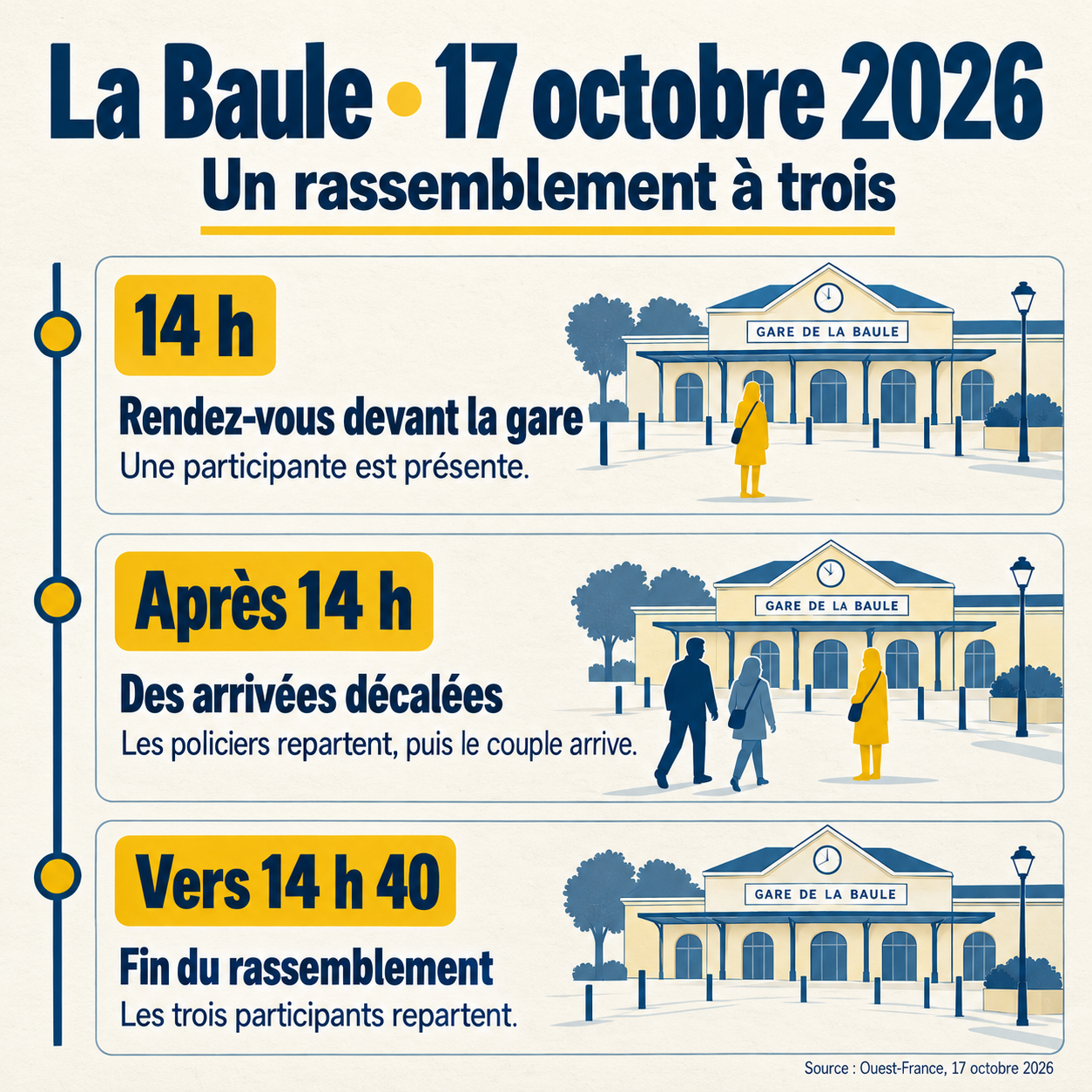 Chronologie du rassemblement : rendez-vous à 14 h, départ des policiers puis arrivée du couple, fin vers 14 h 40.