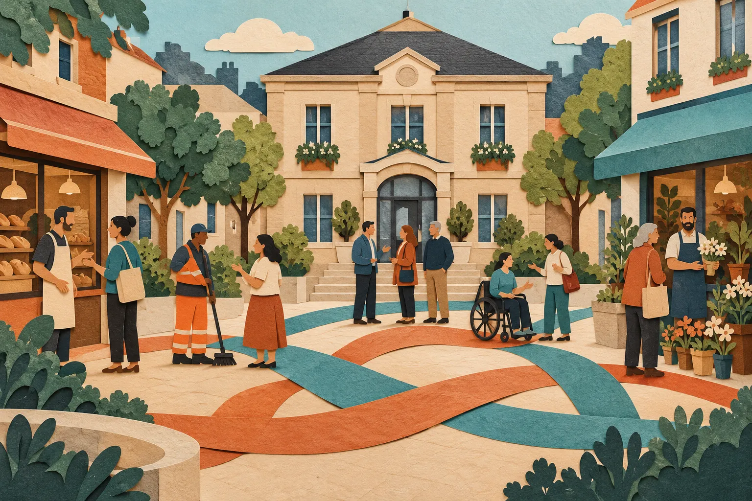 Illustration symbolique d’une mairie, d’habitants et de commerces reliés dans un même espace civique.