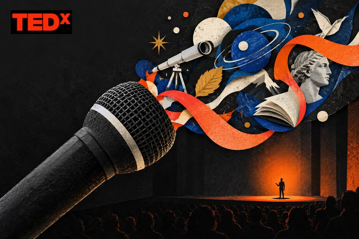 Composition illustrée autour d’un microphone, du cosmos et de la création, avec le logo TEDx.