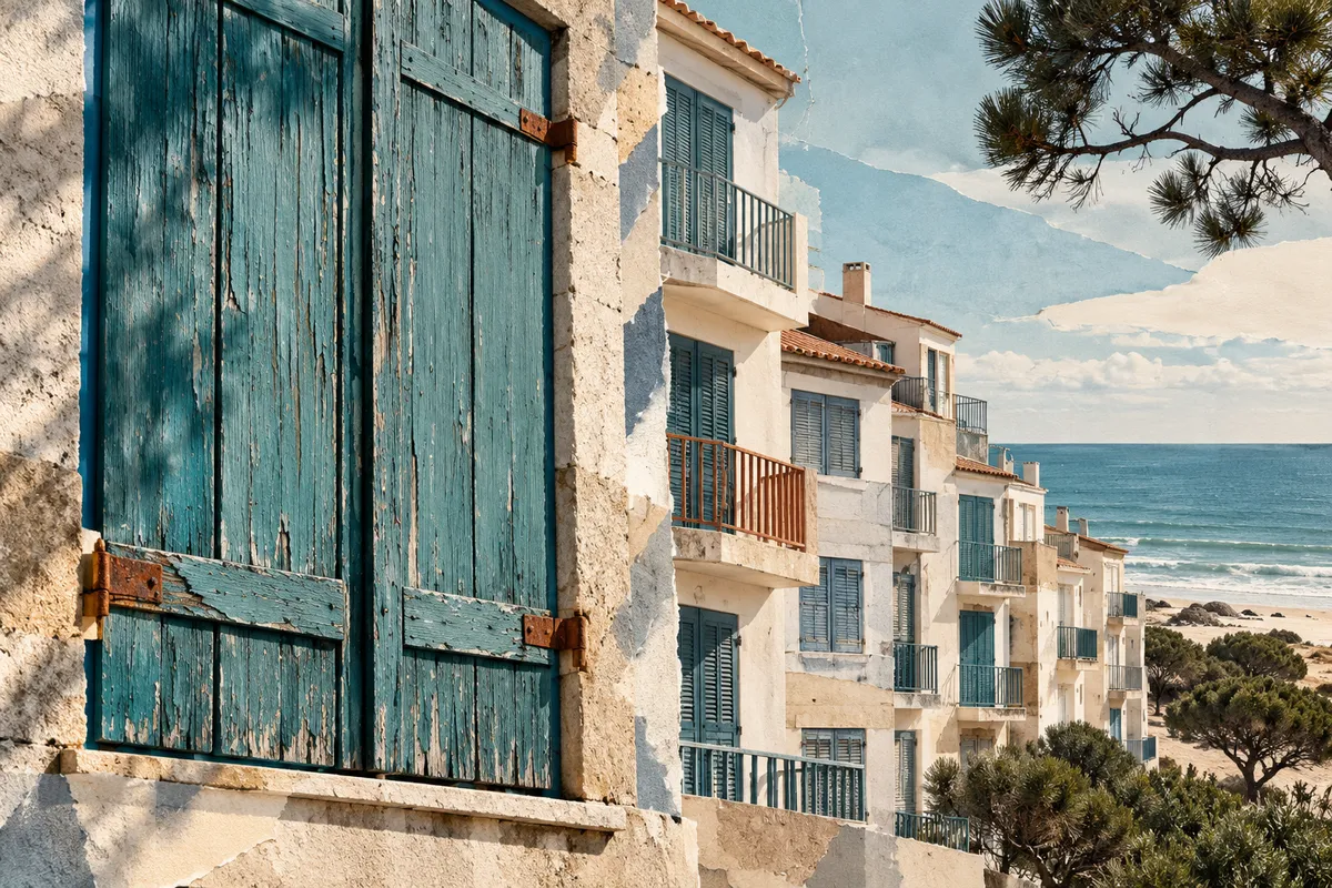 Composition éditoriale de volets clos et de façades résidentielles dans une ambiance côtière