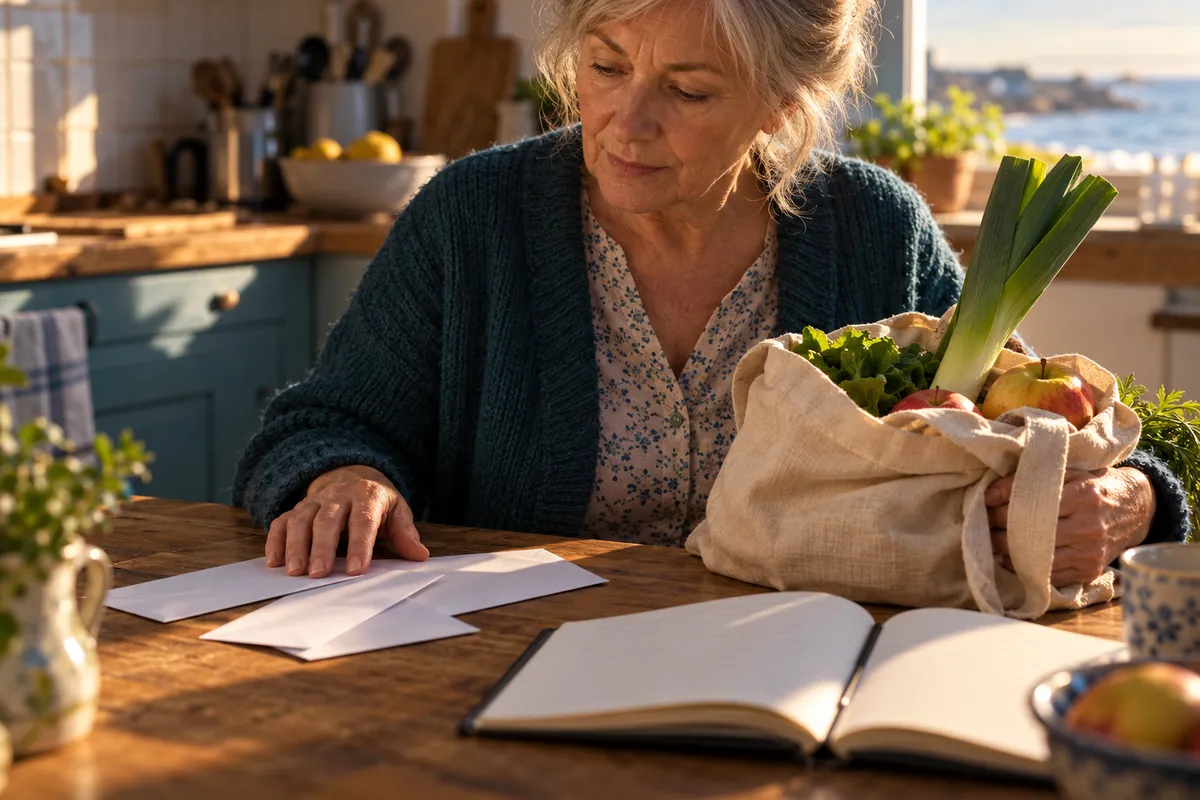 Illustration photographique d’une femme âgée à une table, avec des enveloppes, un carnet et un petit sac de courses.
