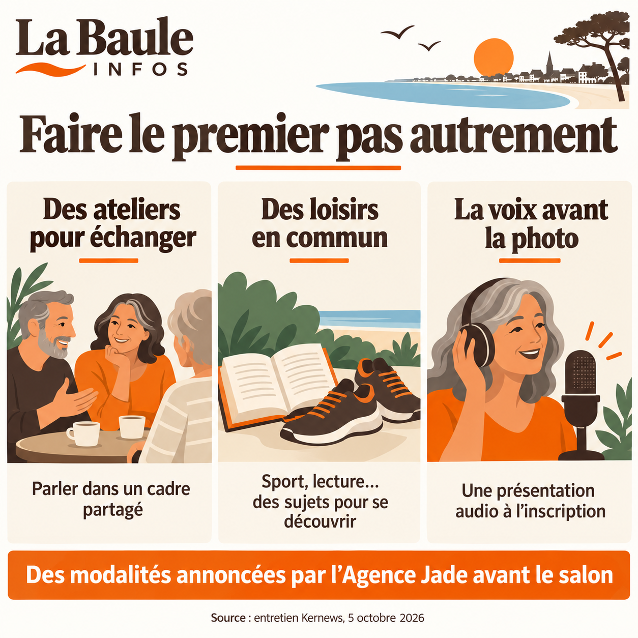 Trois portes d’entrée annoncées pour faciliter la conversation : ateliers, loisirs partagés et présentation vocale.
