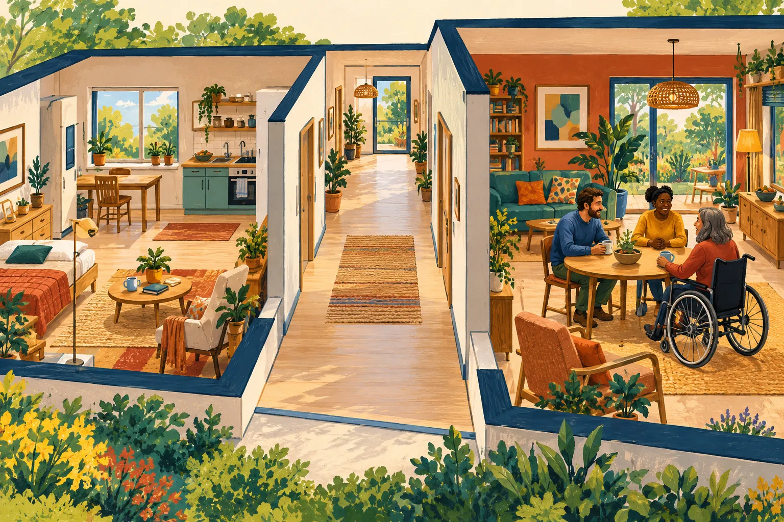 Illustration de principe d’un logement autonome relié à une pièce commune, où échangent plusieurs voisins dont une personne en fauteuil roulant.