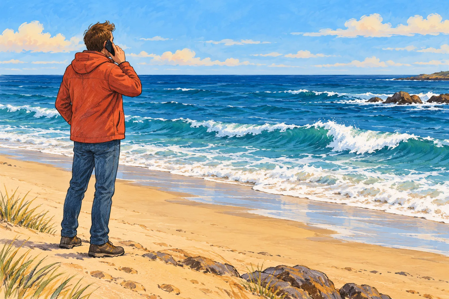 Illustration d’un témoin téléphonant depuis le sable, face à la mer.