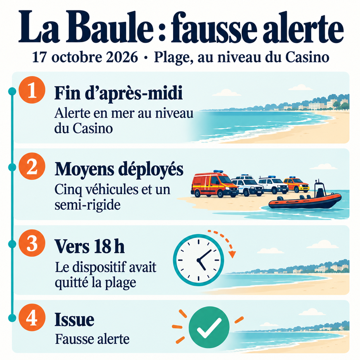 Repères du 17 octobre à La Baule : alerte devant le Casino, cinq véhicules et un semi-rigide, dispositif parti vers 18 h, fausse alerte.