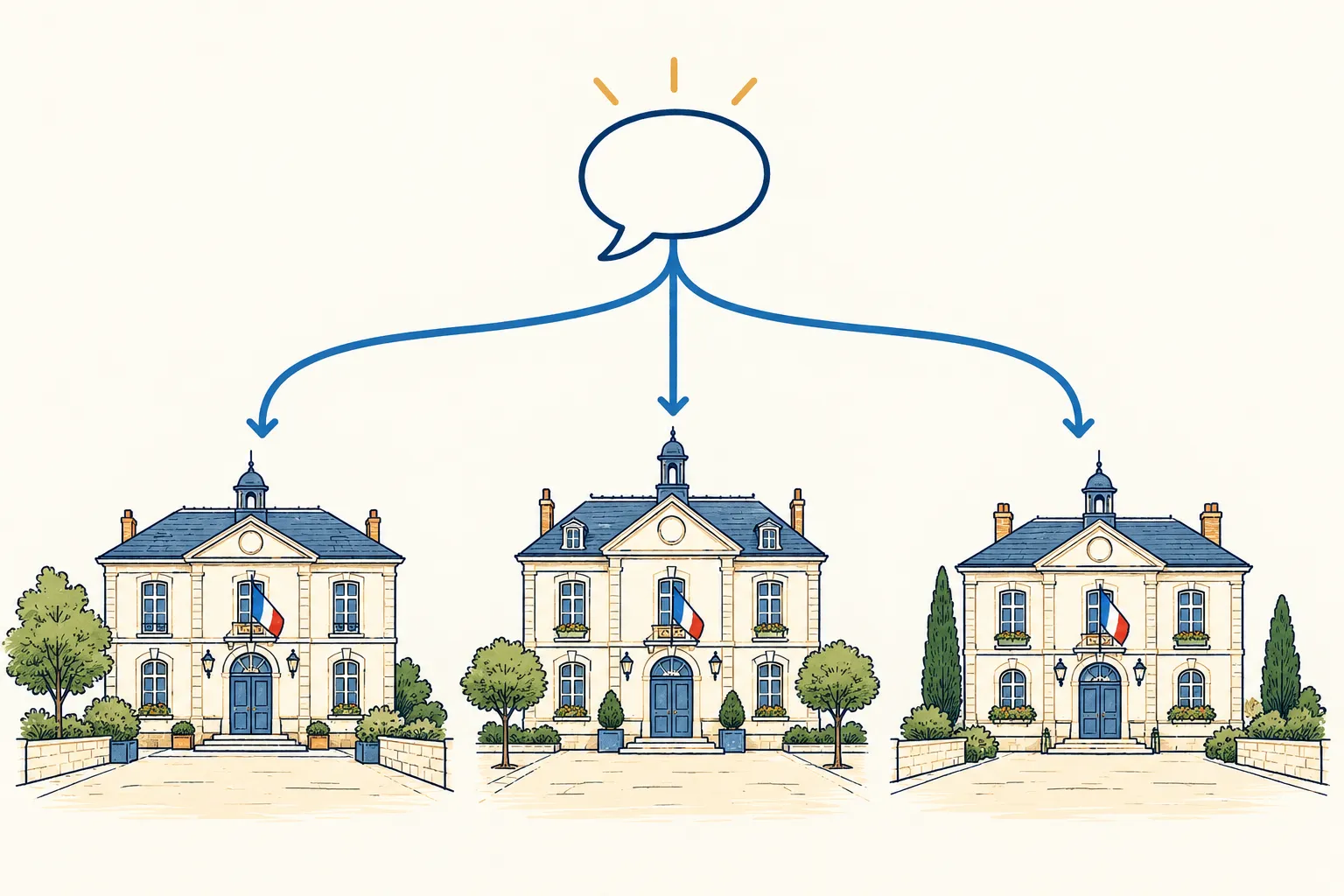 Schéma illustré reliant un appel national à plusieurs mairies, symboles de ses déclinaisons locales.
