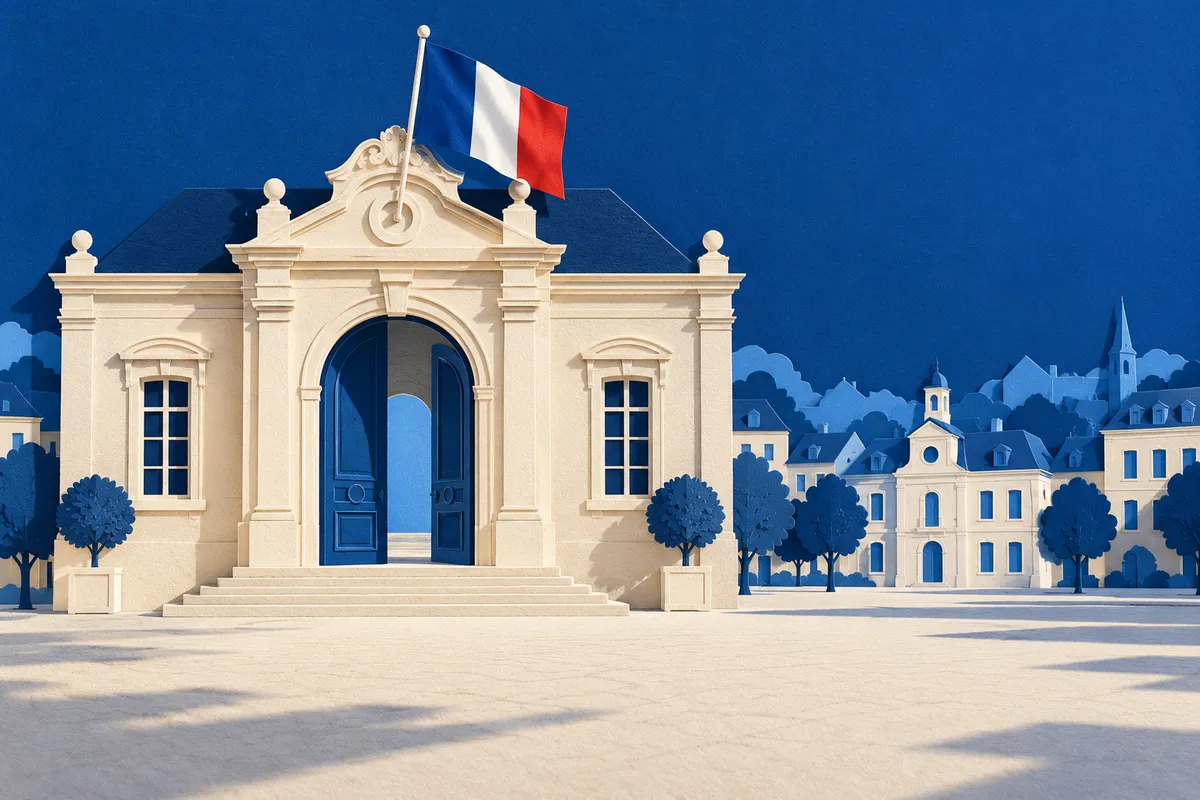 Illustration en papier découpé d’une mairie générique avec un drapeau tricolore et un parvis vide.