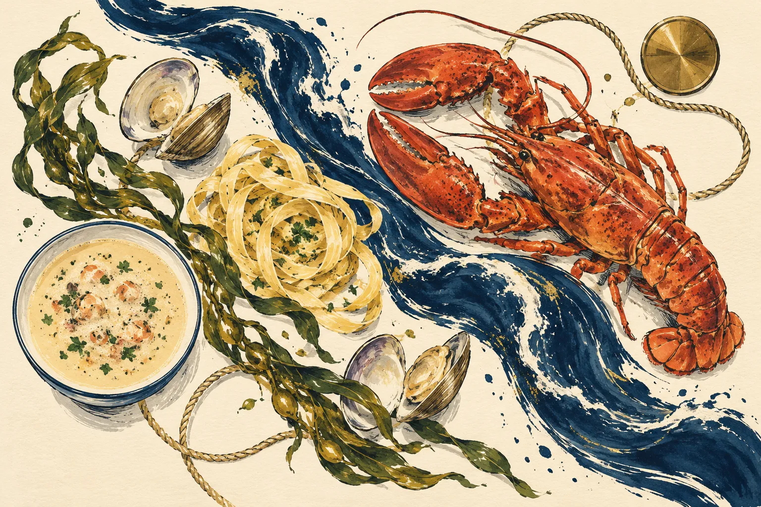 Illustration dessinée de homard, linguine, coquillages et soupe autour d’une vague bleue