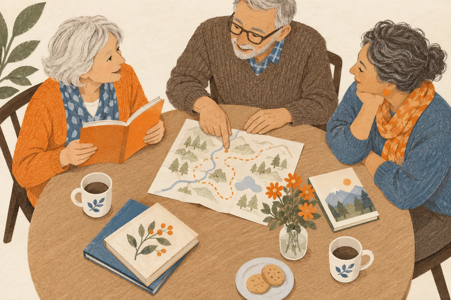 Illustration d’un échange autour de livres et d’activités de loisirs.