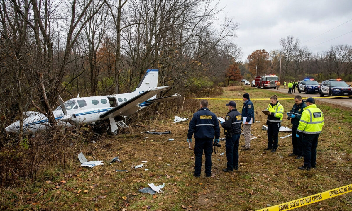 Des enquêteurs et des policiers examinant l'épave d'un avion Cessna accidenté dans une zone boisée.