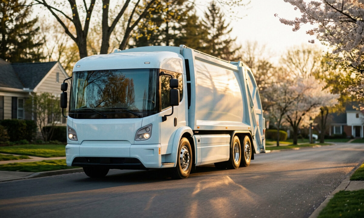 Un camion-benne blanc circulant dans une rue résidentielle paisible bordée d'arbres en fleurs sous la lumière du soleil.