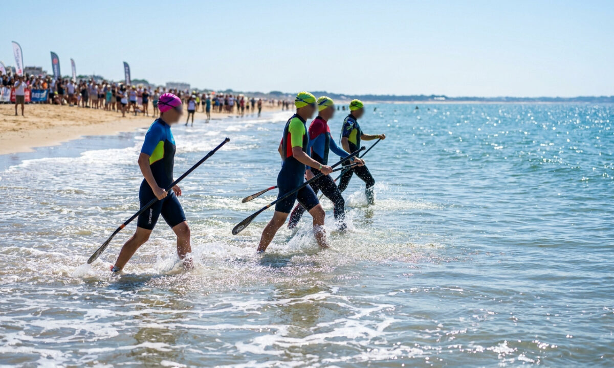 Des compétiteurs en combinaison entrent dans l'eau avec des pagaies lors d'une course de longe côte sur une plage.