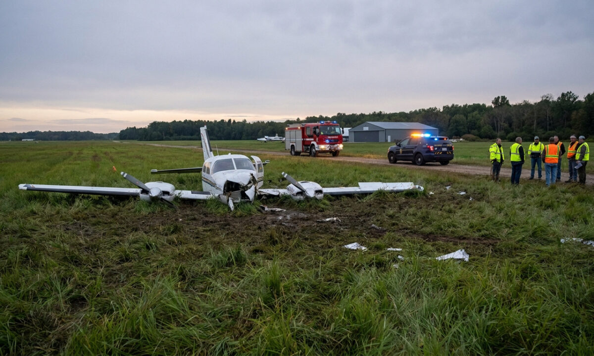 Épave d'un avion Cessna 421 accidenté dans un champ avec des services de secours sur place.