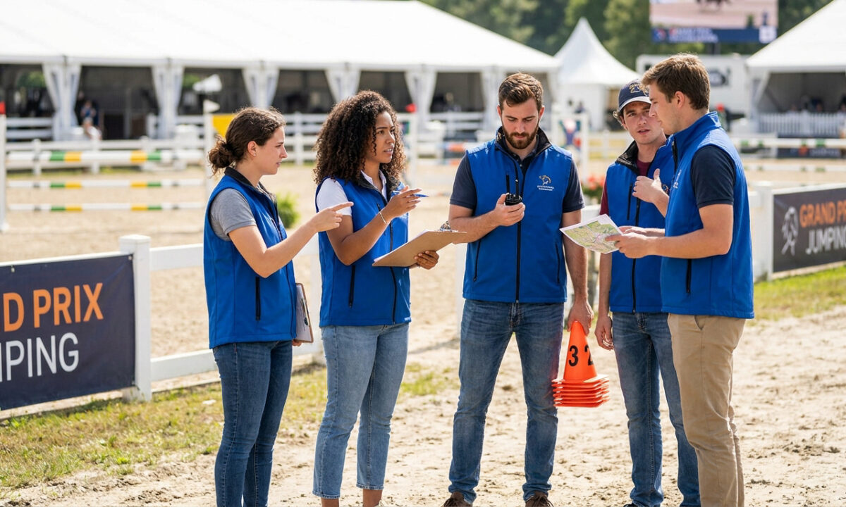 Un groupe de quatre jeunes bénévoles en gilets bleus discutant sur la piste du Jumping de La Baule.