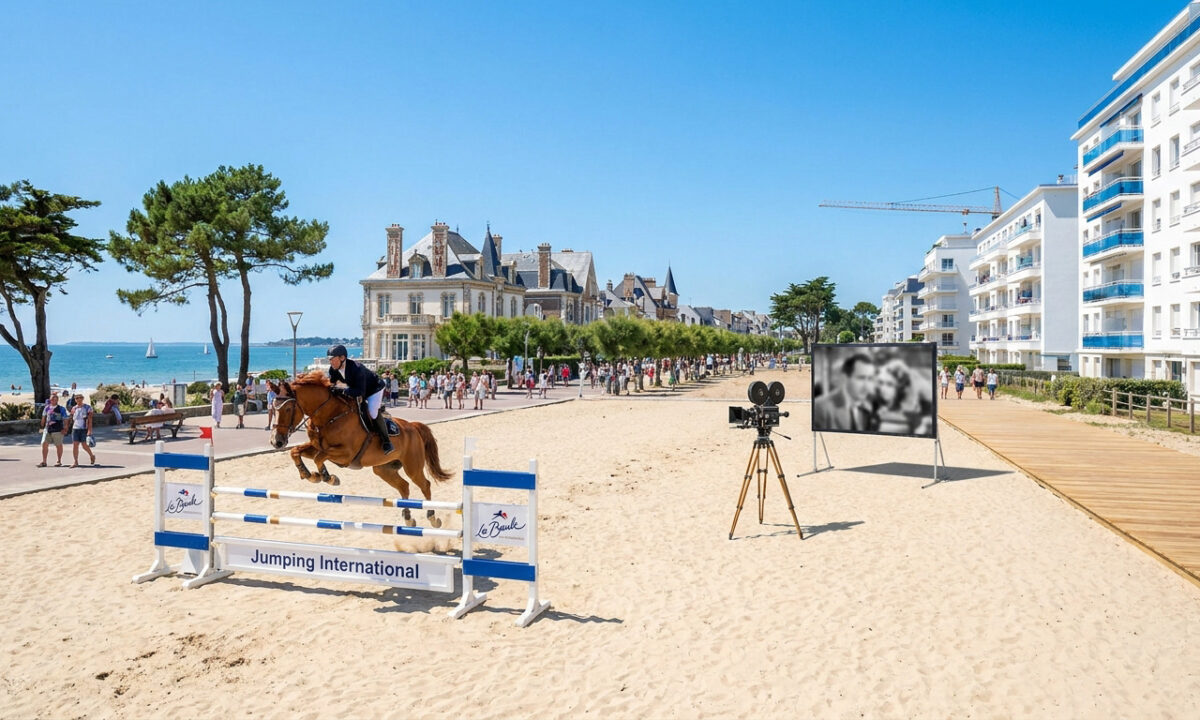 Un cavalier saute un obstacle sur la plage de La Baule avec un projecteur de cinéma vintage en arrière-plan.