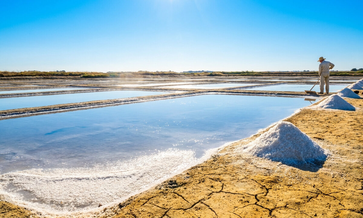 Un paludier travaille dans les marais salants sous un soleil éclatant, avec des tas de sel récolté au premier plan.