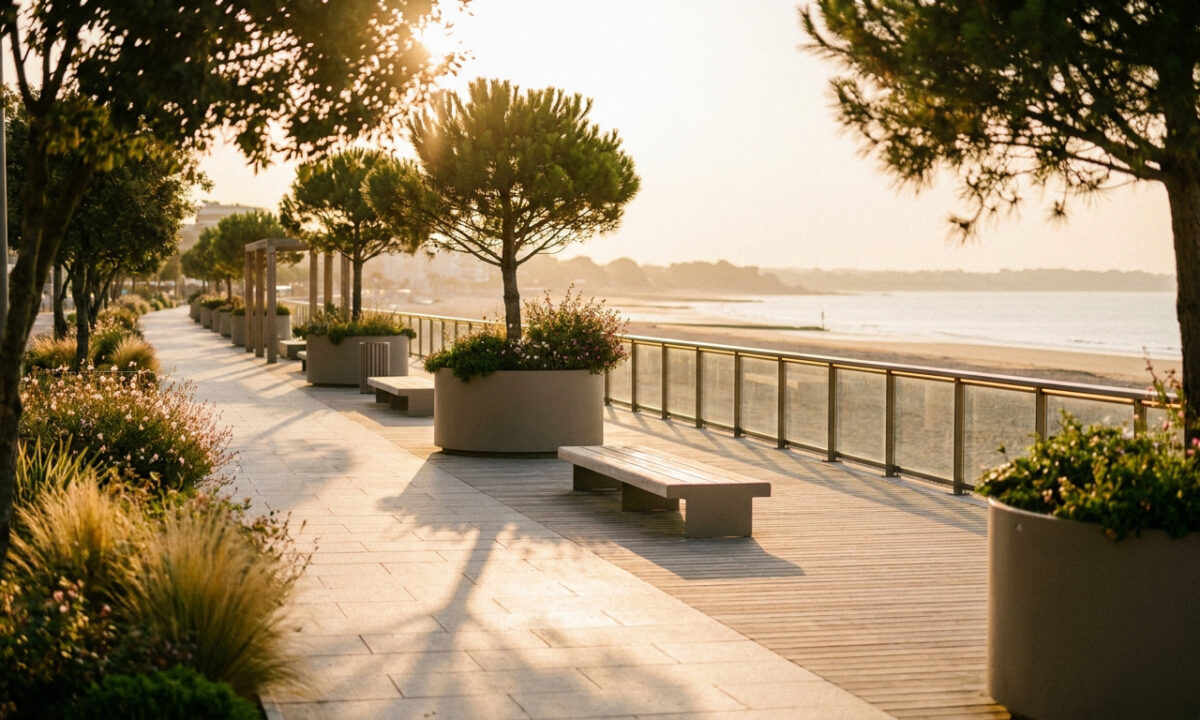 Promenade ensoleillée avec bancs, jardinières et vue sur la plage de La Baule au coucher du soleil.