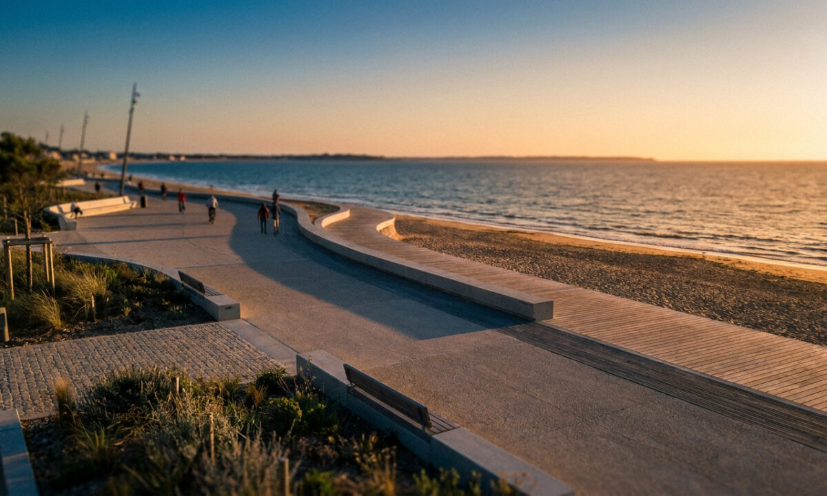 Vue en perspective de la nouvelle promenade de La Baule bordée par la plage et l'océan au moment du coucher du soleil.
