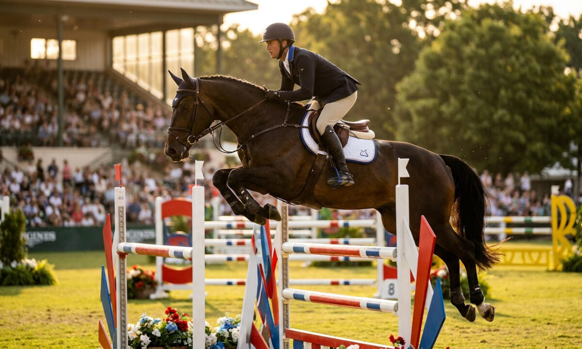 Un cavalier saute un obstacle avec son cheval lors d'une compétition de jumping en extérieur.