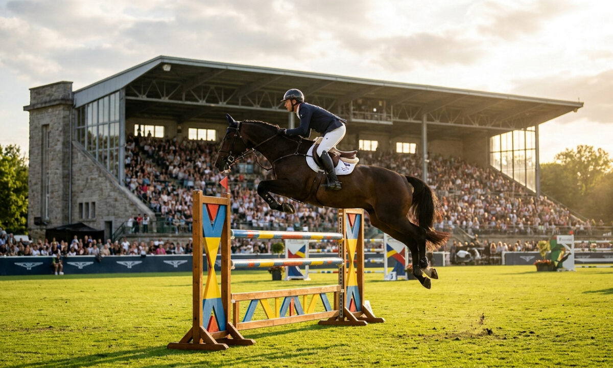 Un cavalier saute un obstacle avec son cheval au stade François-André lors du Jumping de La Baule.