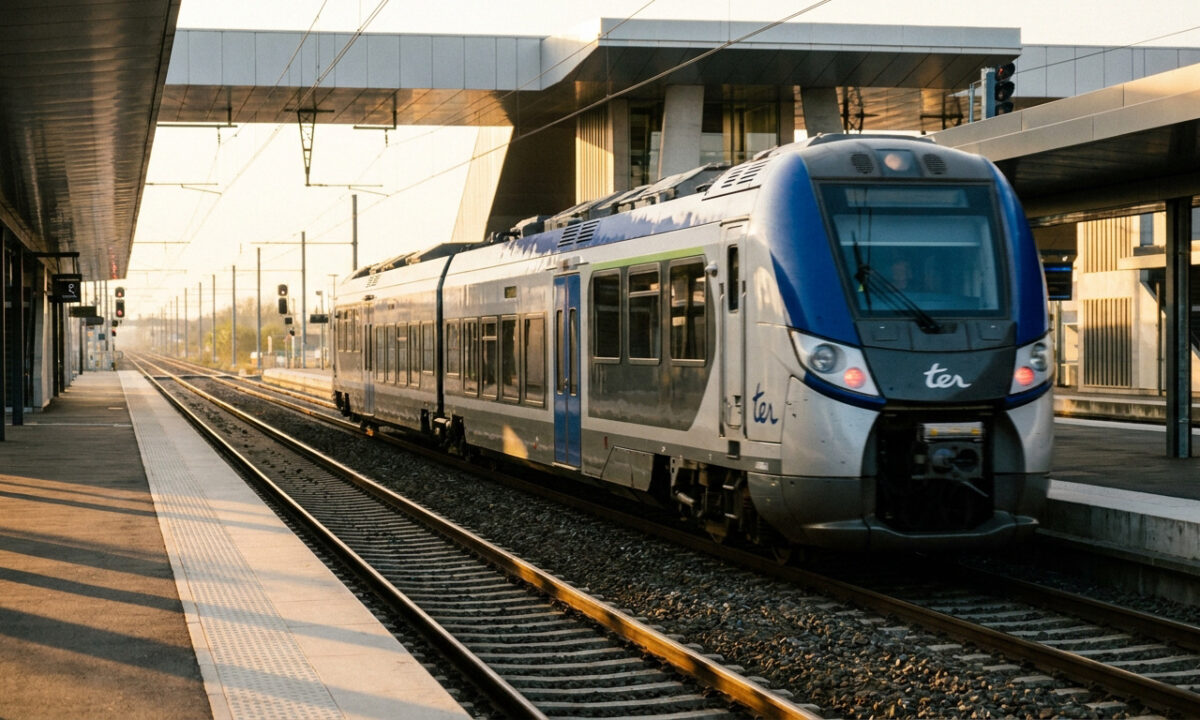 Un train régional TER circule sur les voies d'une gare moderne sous la lumière dorée du soleil couchant.