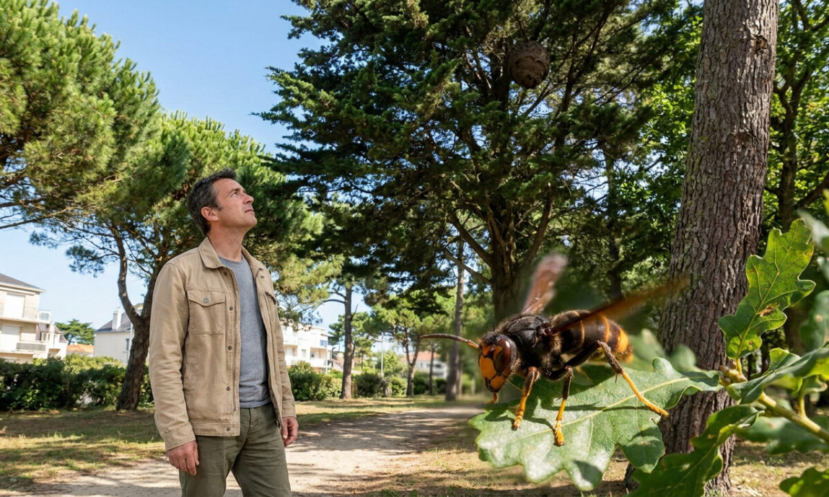 Un homme observe un frelon géant sur une feuille dans un parc avec un nid suspendu en arrière-plan.
