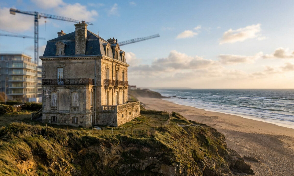 La Villa Chimère, bâtisse ancienne, perchée sur une falaise surplombant la plage, avec des grues de chantier en arrière-plan.