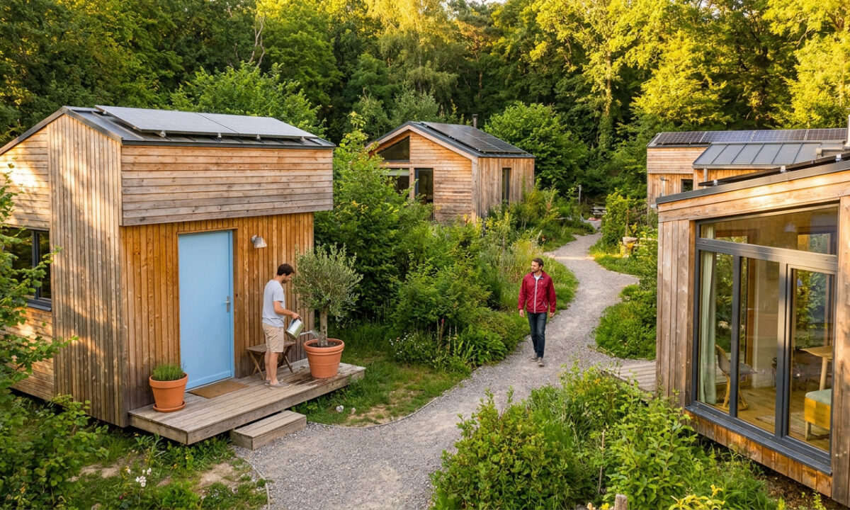 Deux hommes dans un petit village de Tiny Houses en bois niché dans une forêt verdoyante à La Baule.