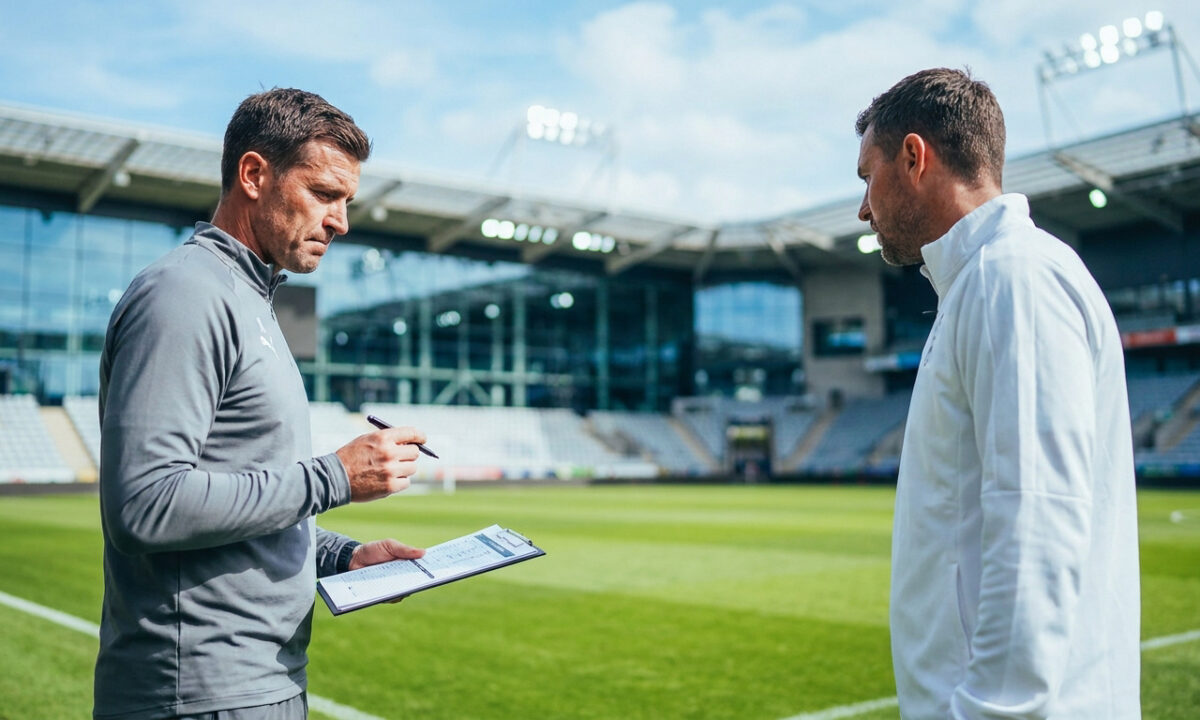 Deux entraîneurs de football discutent tactique avec un presse-papier sur la pelouse d'un stade vide.