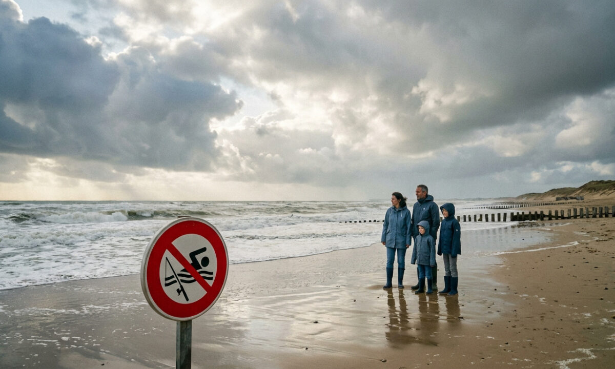 Une famille observe une plage sous un ciel orageux avec un panneau d'interdiction de baignade et de pêche au premier plan.