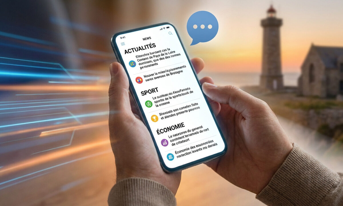Mains tenant un smartphone affichant l'application d'actualités Media Web avec un phare en arrière-plan.