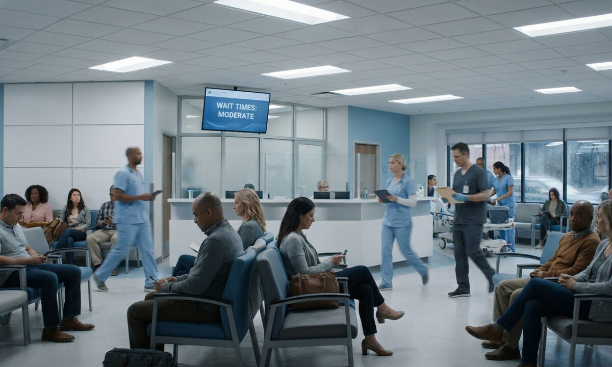 Des patients attendent dans une salle d'attente d'hôpital tandis que le personnel soignant circule activement.
