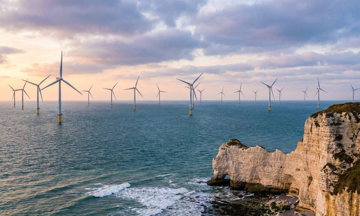 Champ d'éoliennes en mer devant les falaises crayeuses de Normandie au coucher du soleil.