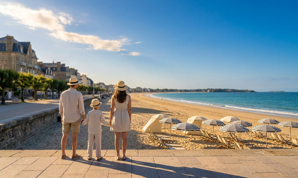 Une famille de dos regarde la plage de La Baule avec ses parasols et ses bâtiments résidentiels haut de gamme.