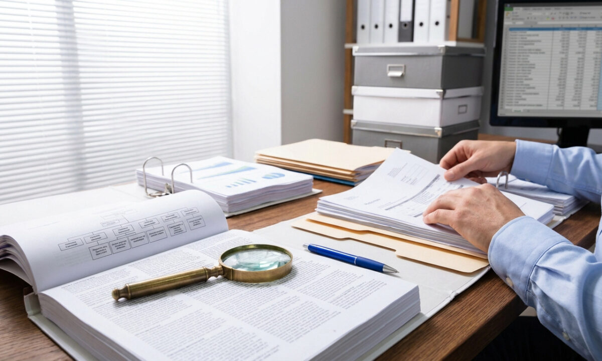 Une personne examine des documents financiers et administratifs avec une loupe sur un bureau de travail.